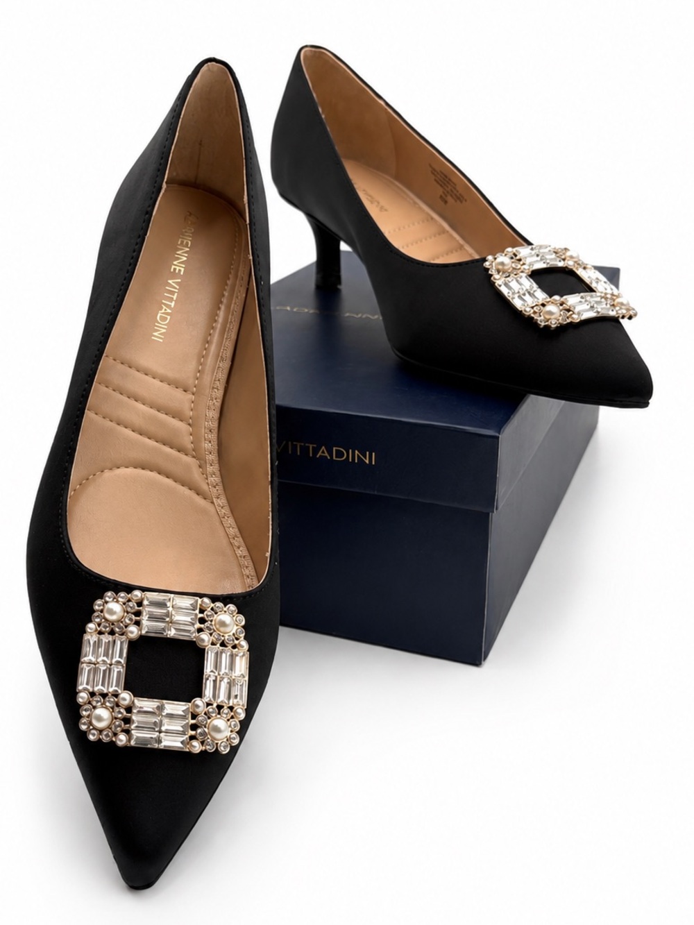 Adrienne Vittadini • Sancerre Jeweled Kitten Heel Pump - Black Satin - Size 9